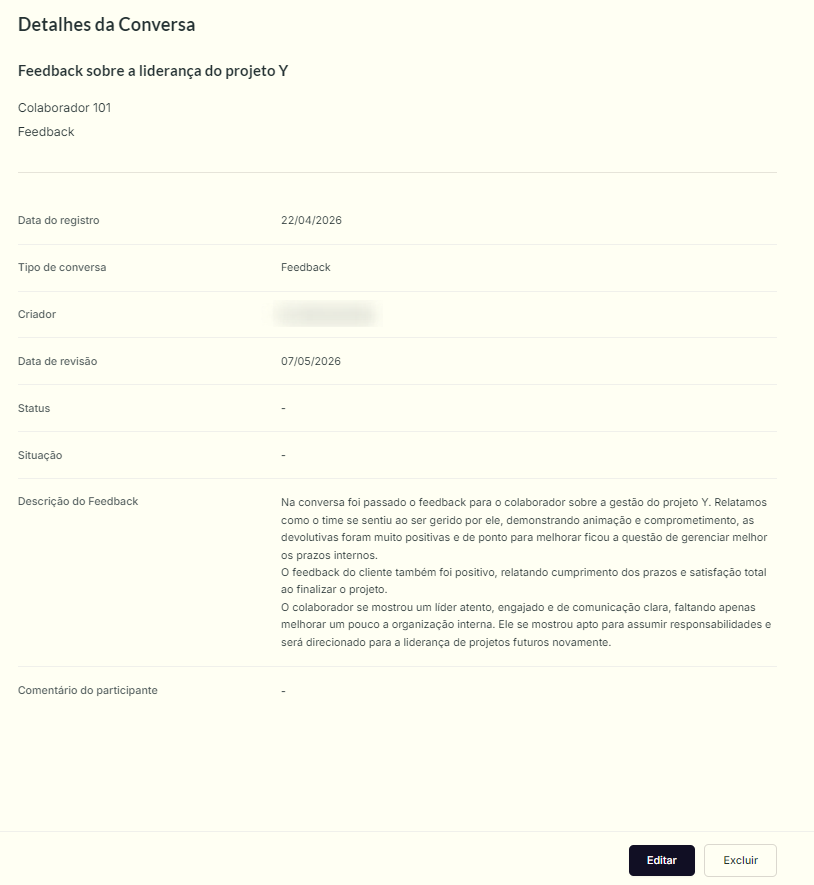 Tela de Detalhes de uma conversa, mostrando os campos preenchidos e os botões Editar e Excluir