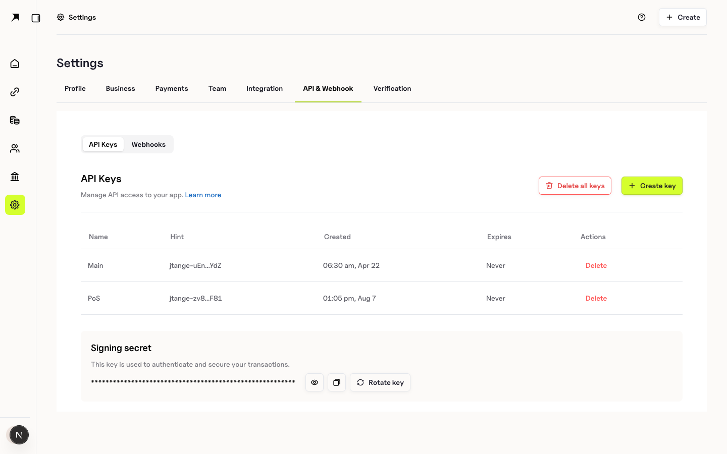 BoomFi API keys settings
