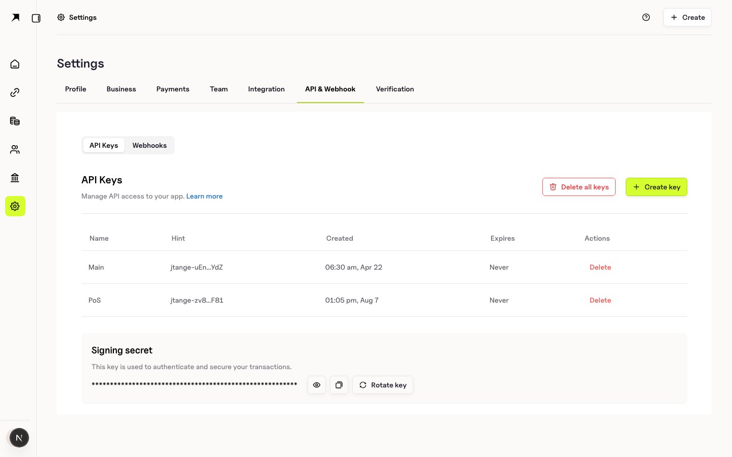 BoomFi API keys settings