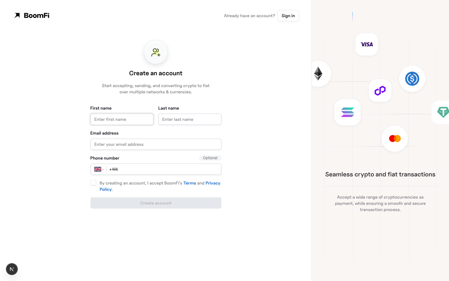 BoomFi create-account page