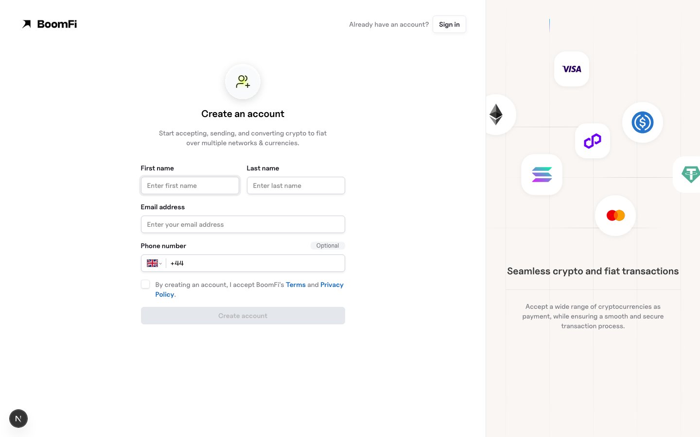 BoomFi create-account page