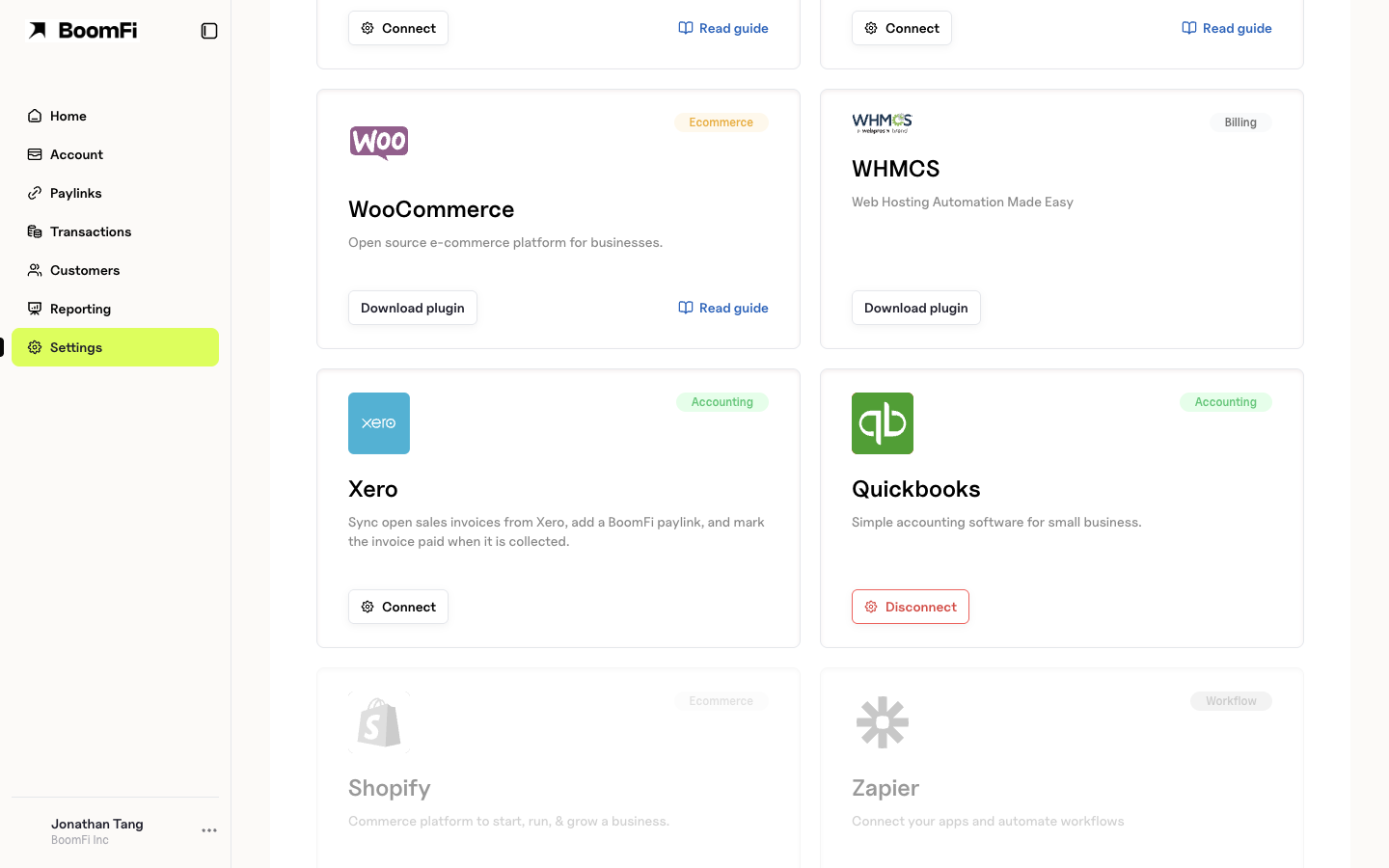 BoomFi integrations with QuickBooks connected