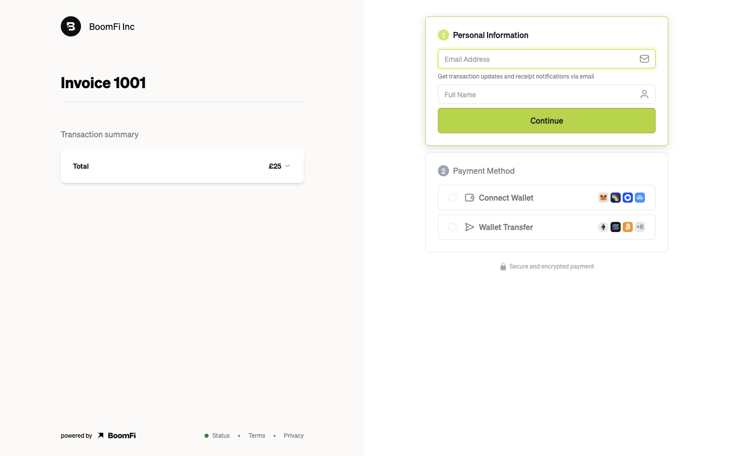 Checkout for that invoice, showing Invoice 1001 and a single total