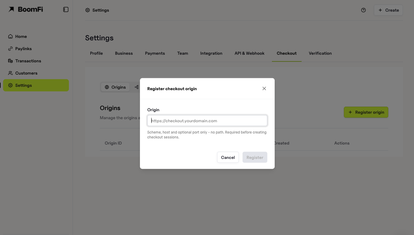Register checkout origin dialog