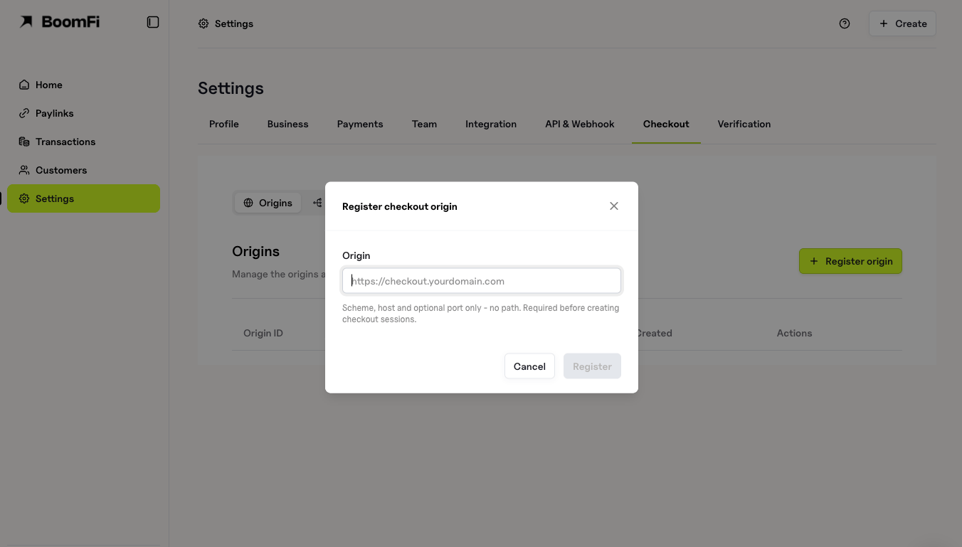 Register checkout origin dialog