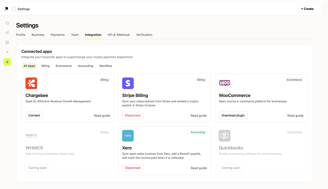 BoomFi integrations with Xero connected