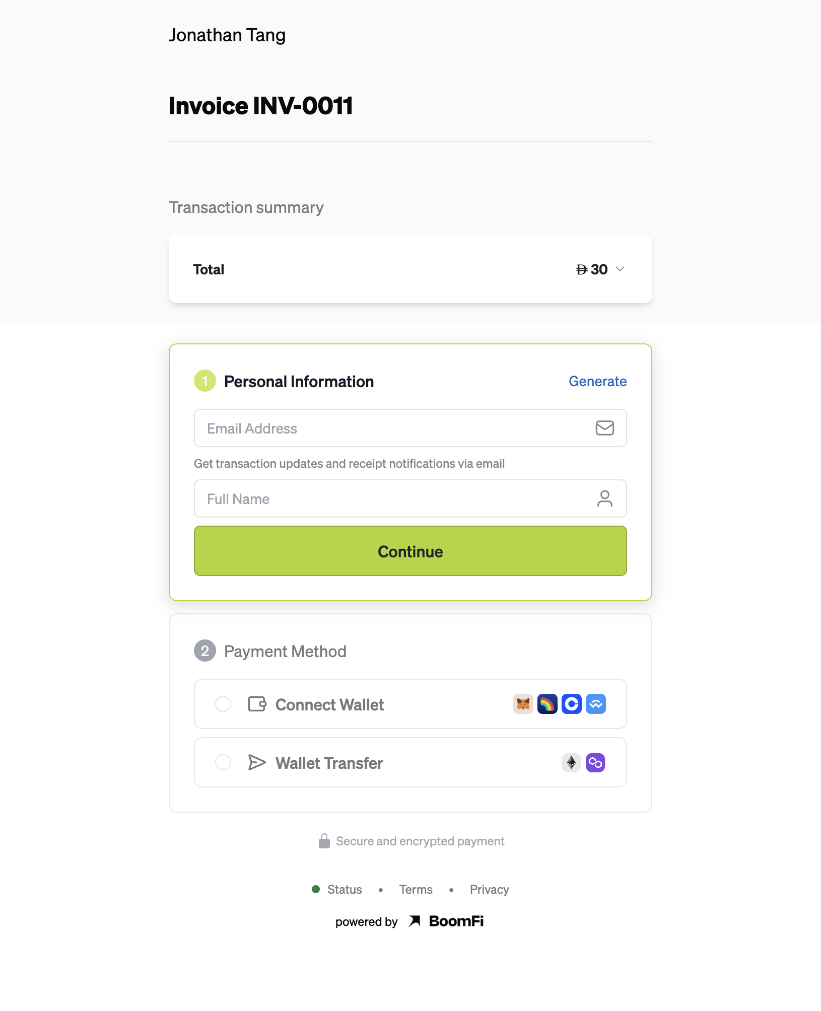 Checkout for that invoice, showing Invoice INV-0011 and a single total