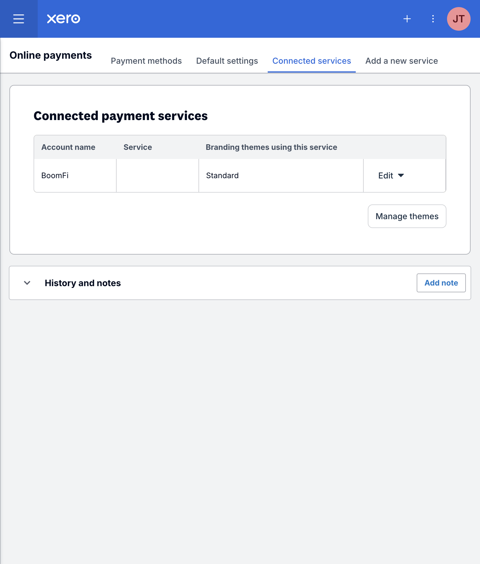 Connected services, with the account on the Standard theme