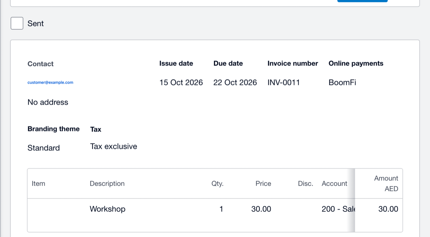 Sales invoice on the Standard theme, with online payments set to the account and a Workshop line