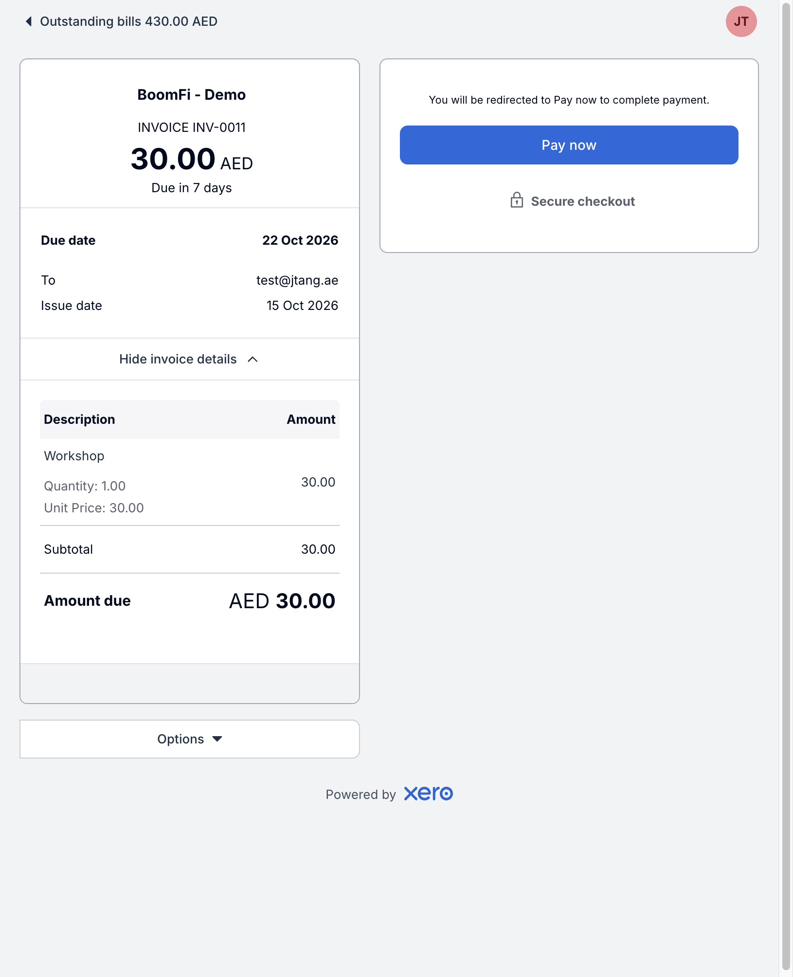 Xero invoice with the Workshop line and Pay now