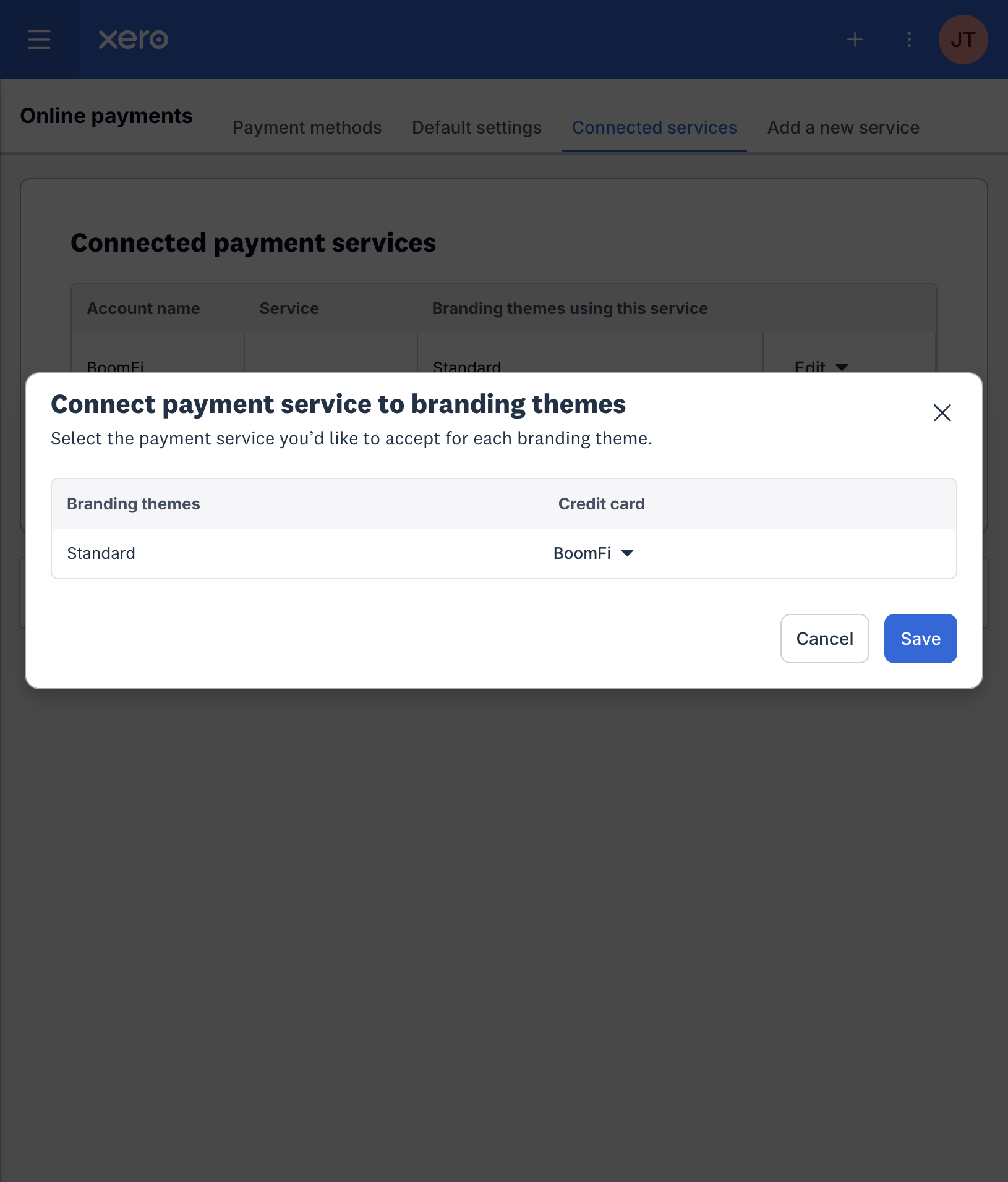 Credit card set to the account on the Standard theme
