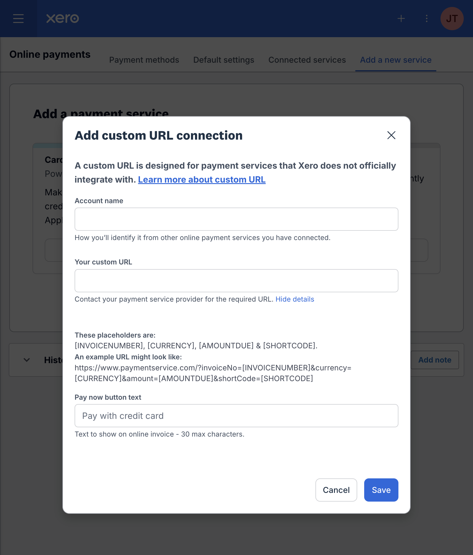 Placeholders Xero lists for a custom payment URL