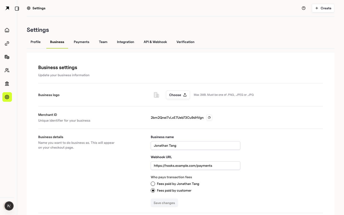 BoomFi business webhook settings