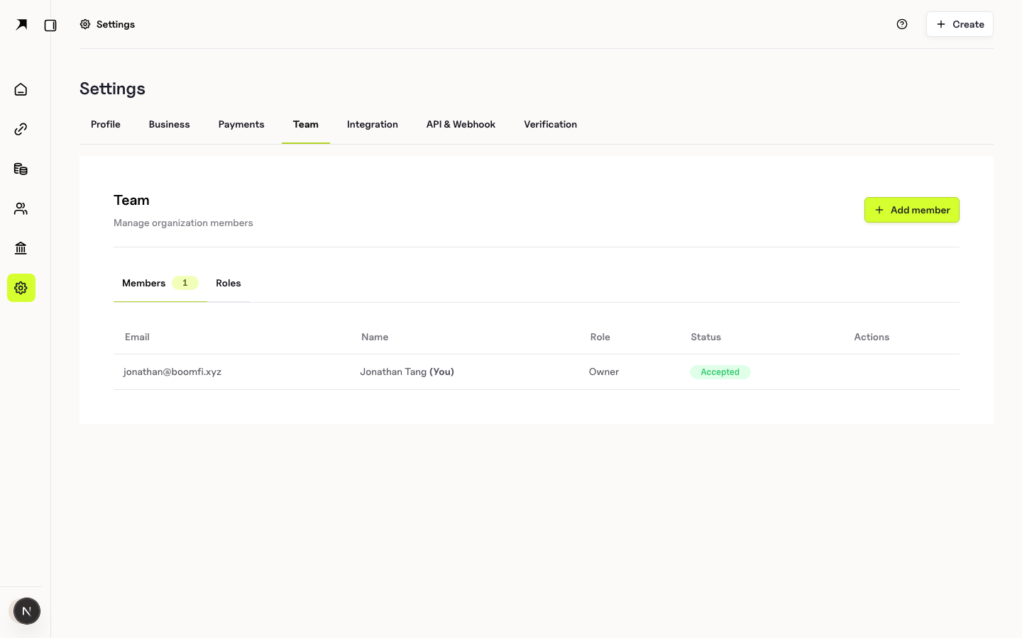 BoomFi team settings