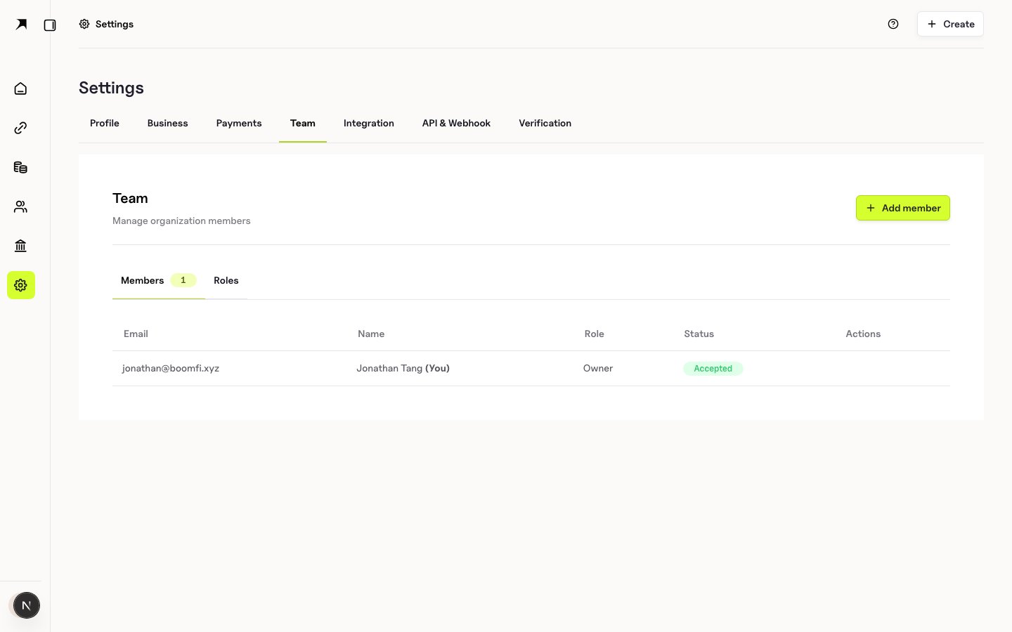 BoomFi team settings