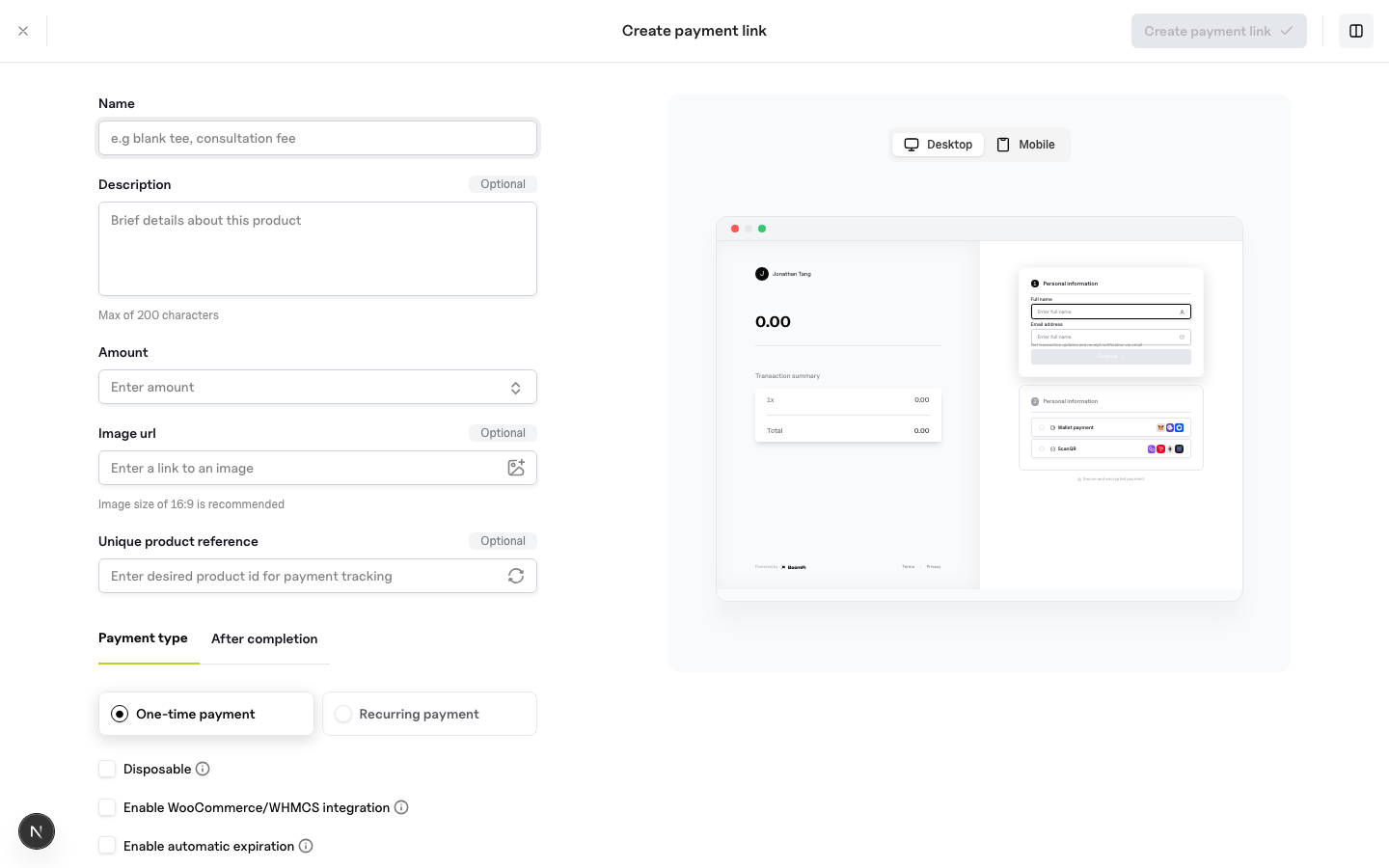 BoomFi create payment link