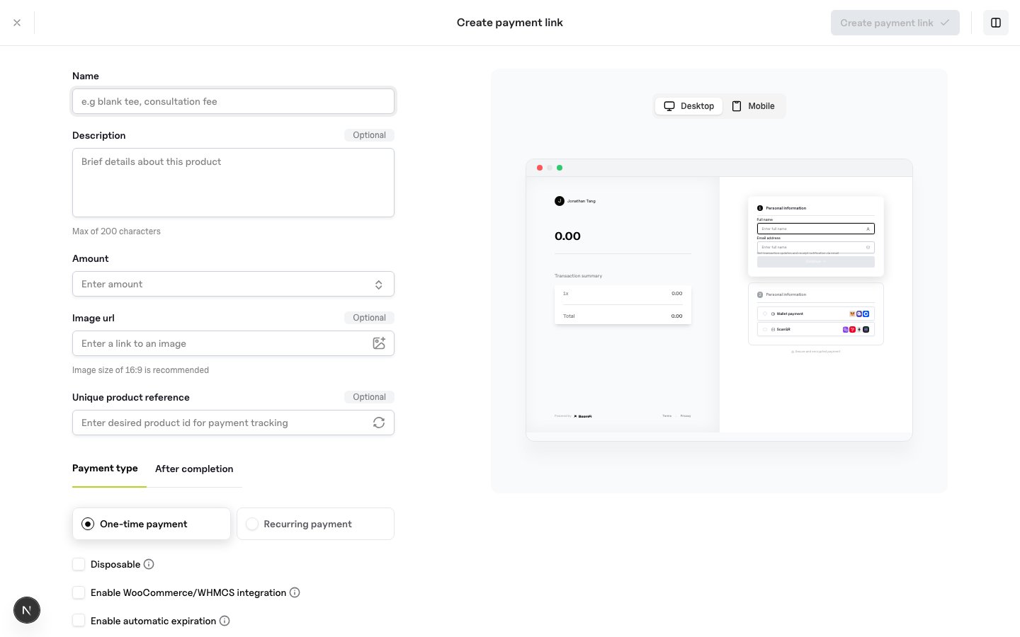 BoomFi create payment link