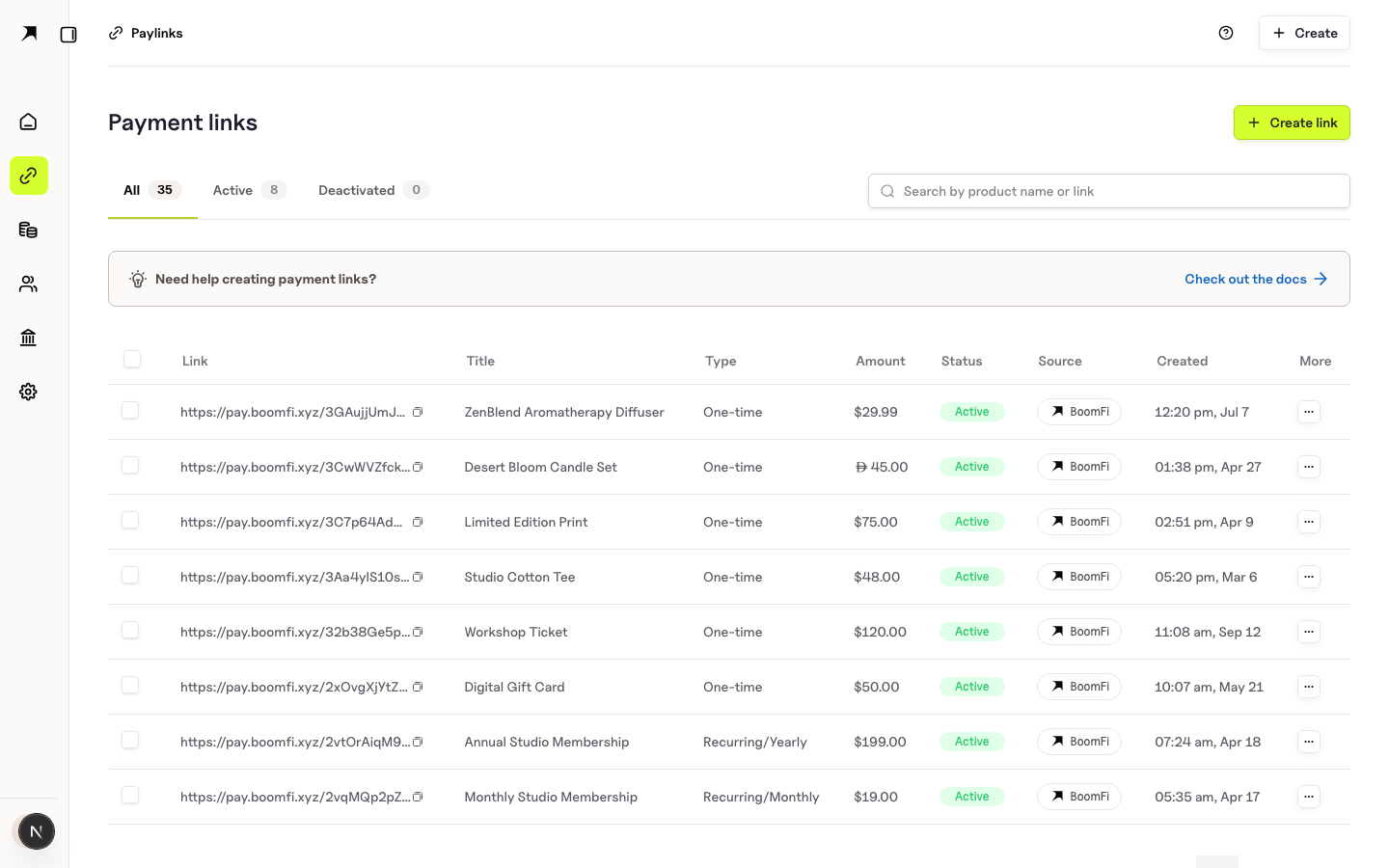 BoomFi payment links list