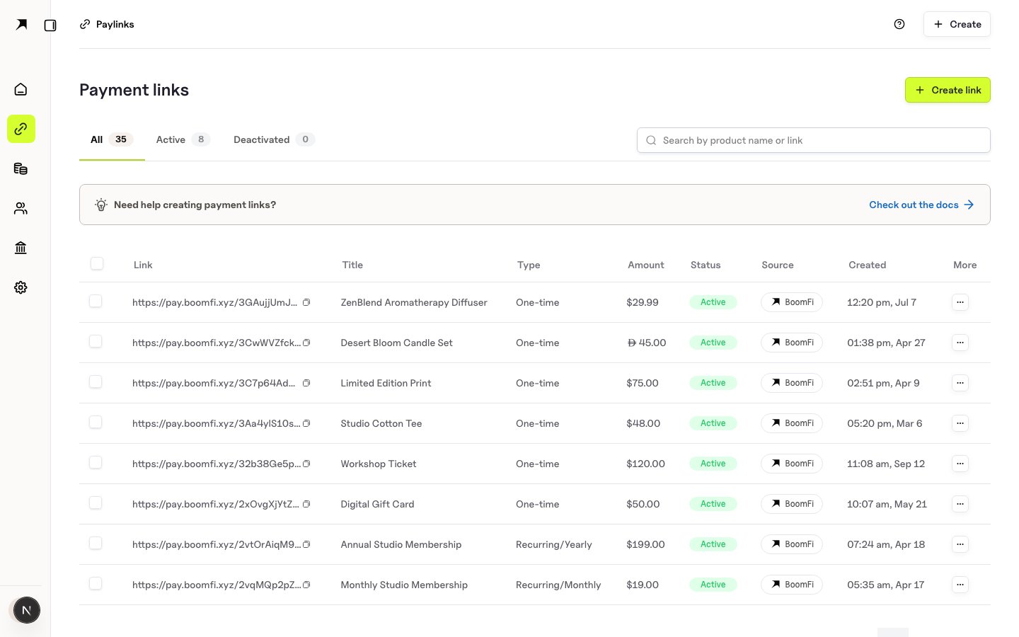 BoomFi payment links list