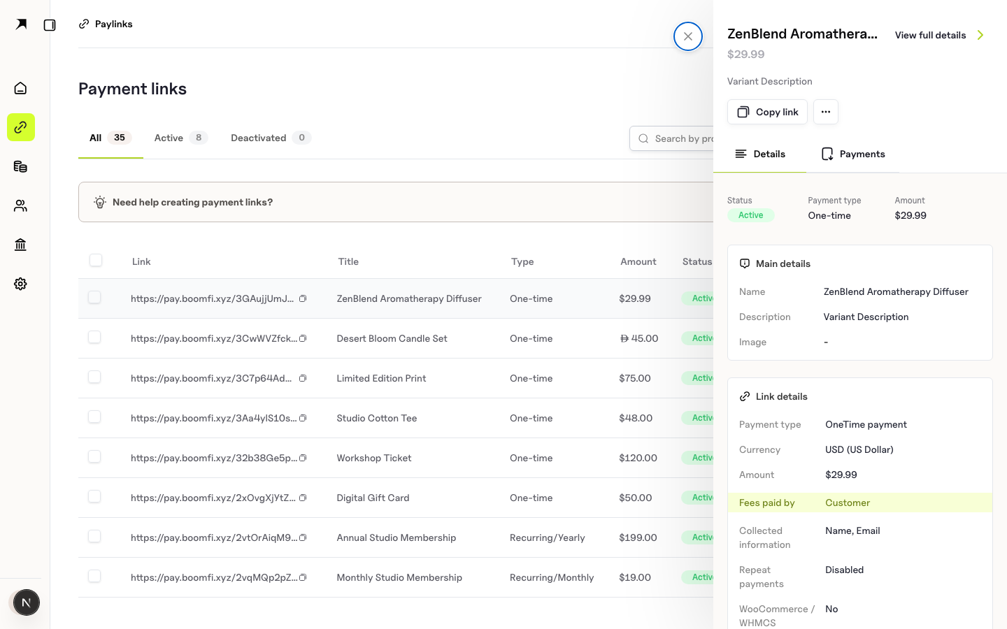 BoomFi payment link detail