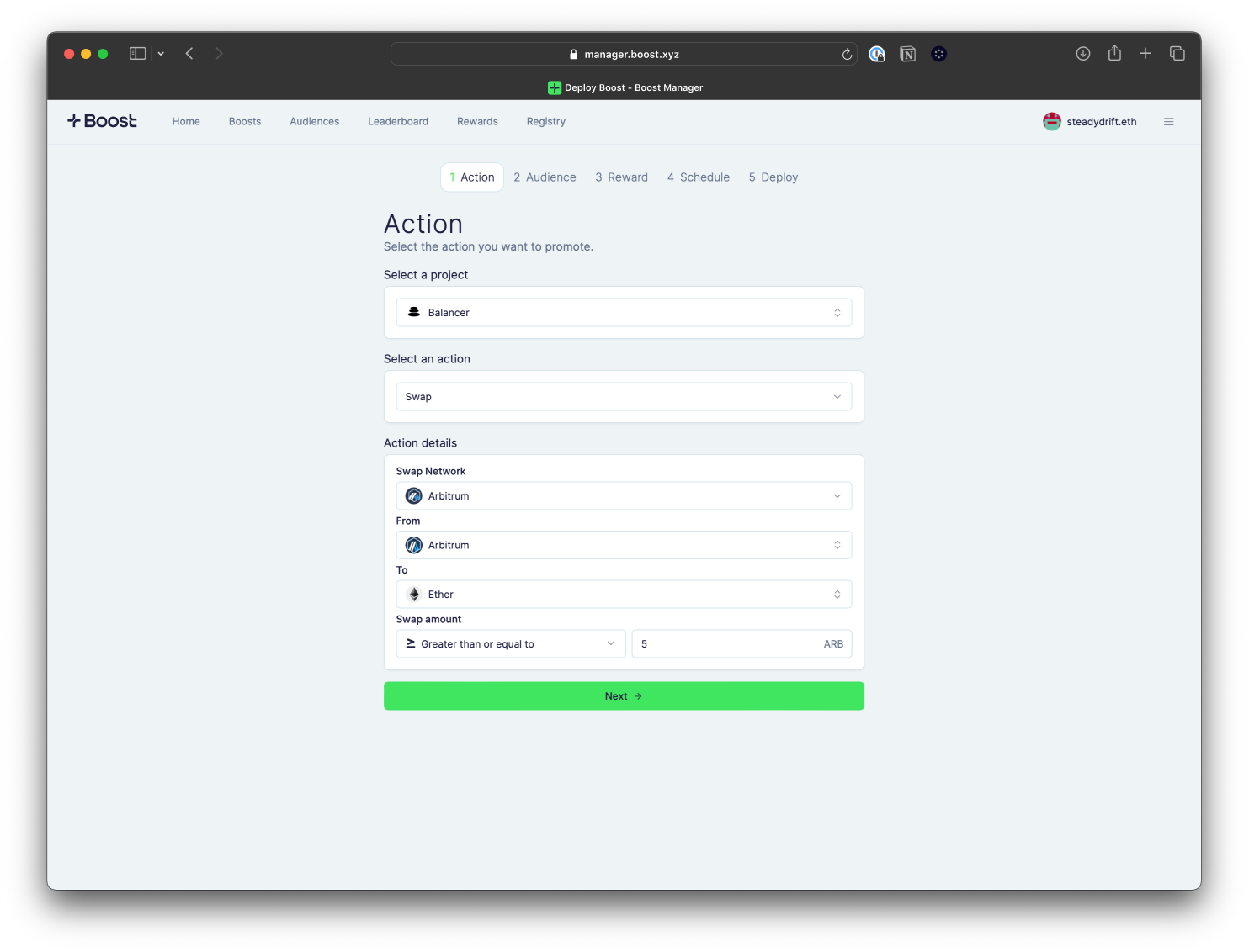 Boost Manager interface showing project and action selection