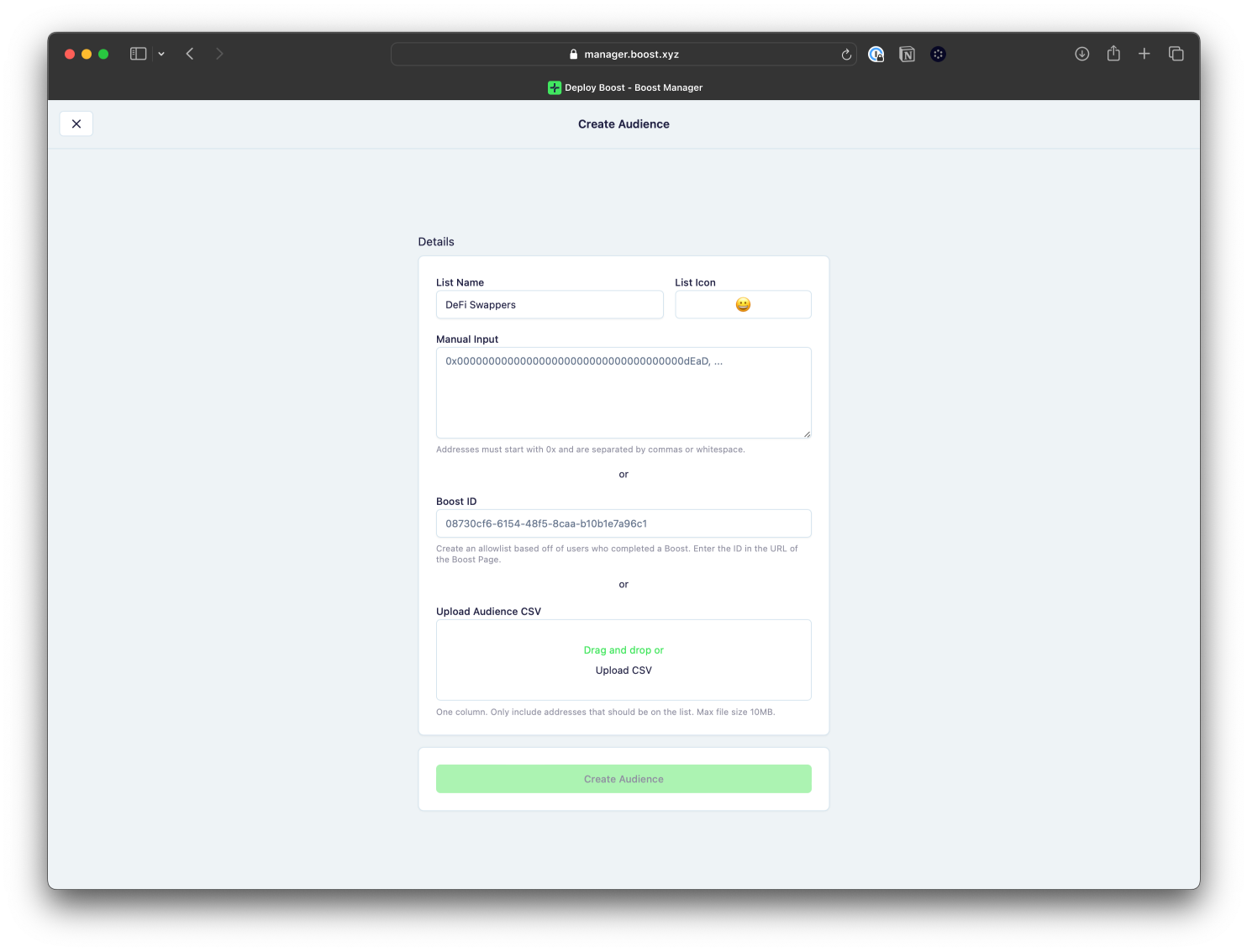Interface for creating custom audience in Boost Manager