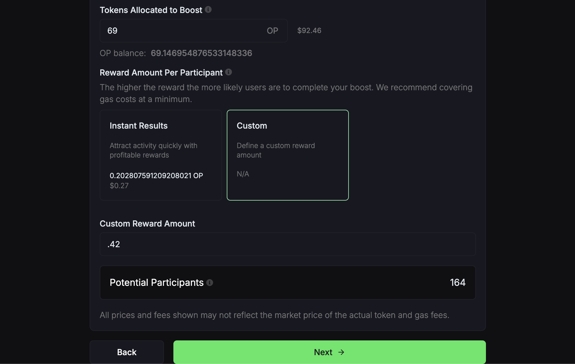 Reward amount selection interface in Boost Manager