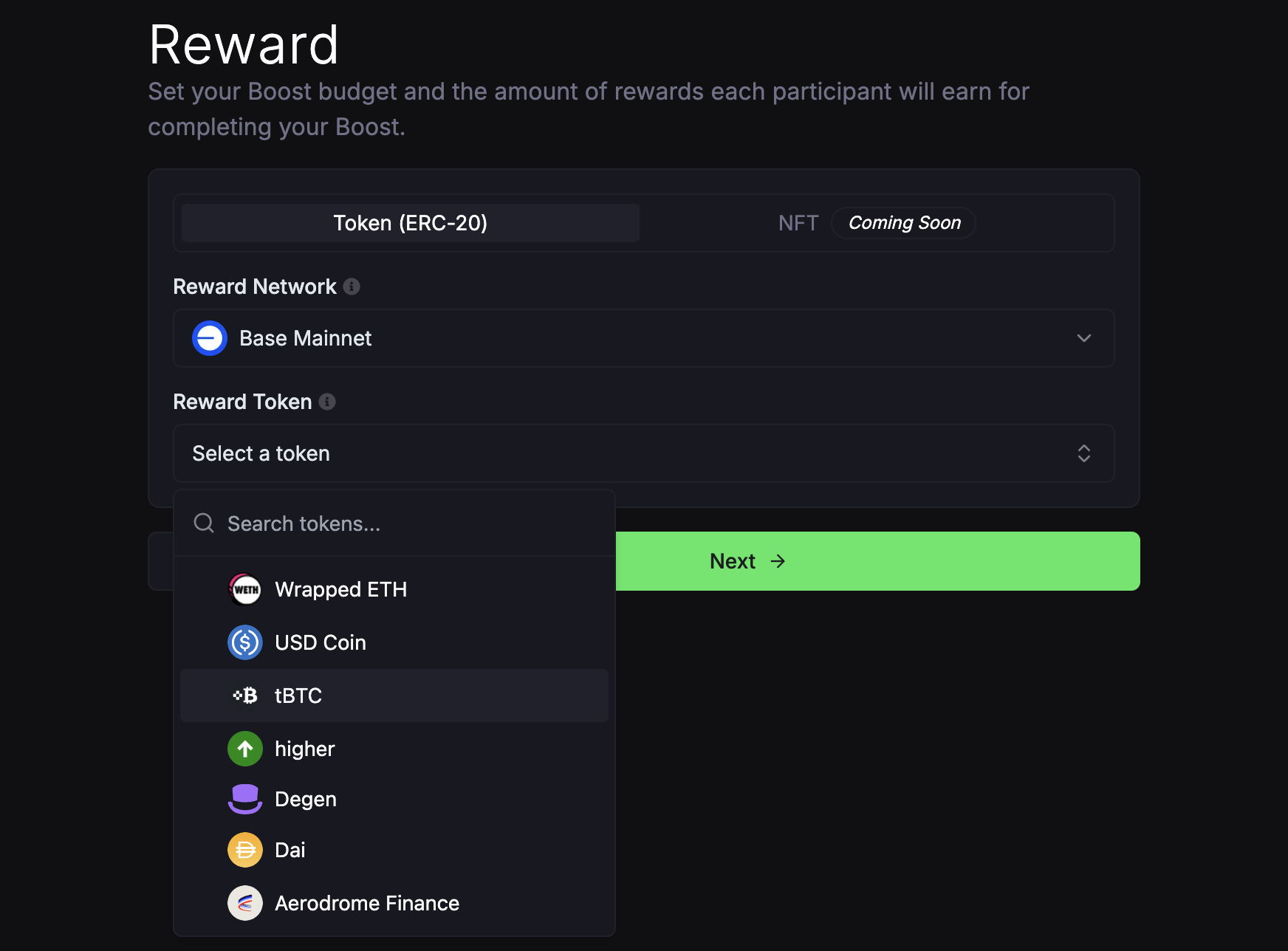 Reward token selection interface in Boost Manager