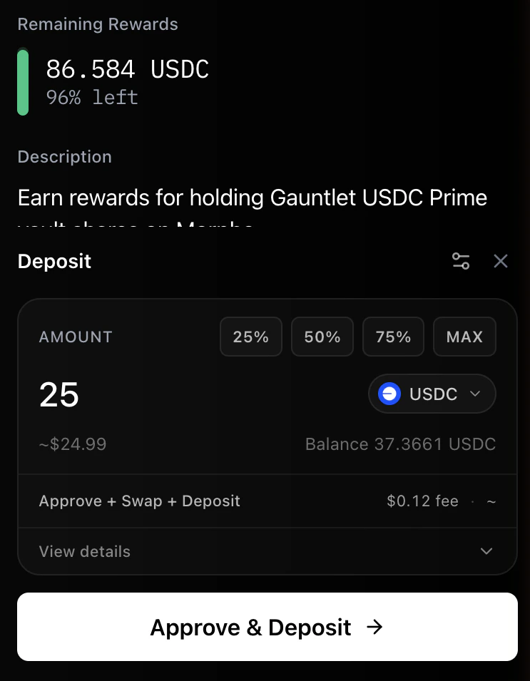 Deposit form showing an amount input with 25/50/75/MAX percentage shortcuts, an ETH token selector with the user's wallet balance, a Swap + Deposit fee preview, and a Deposit button.