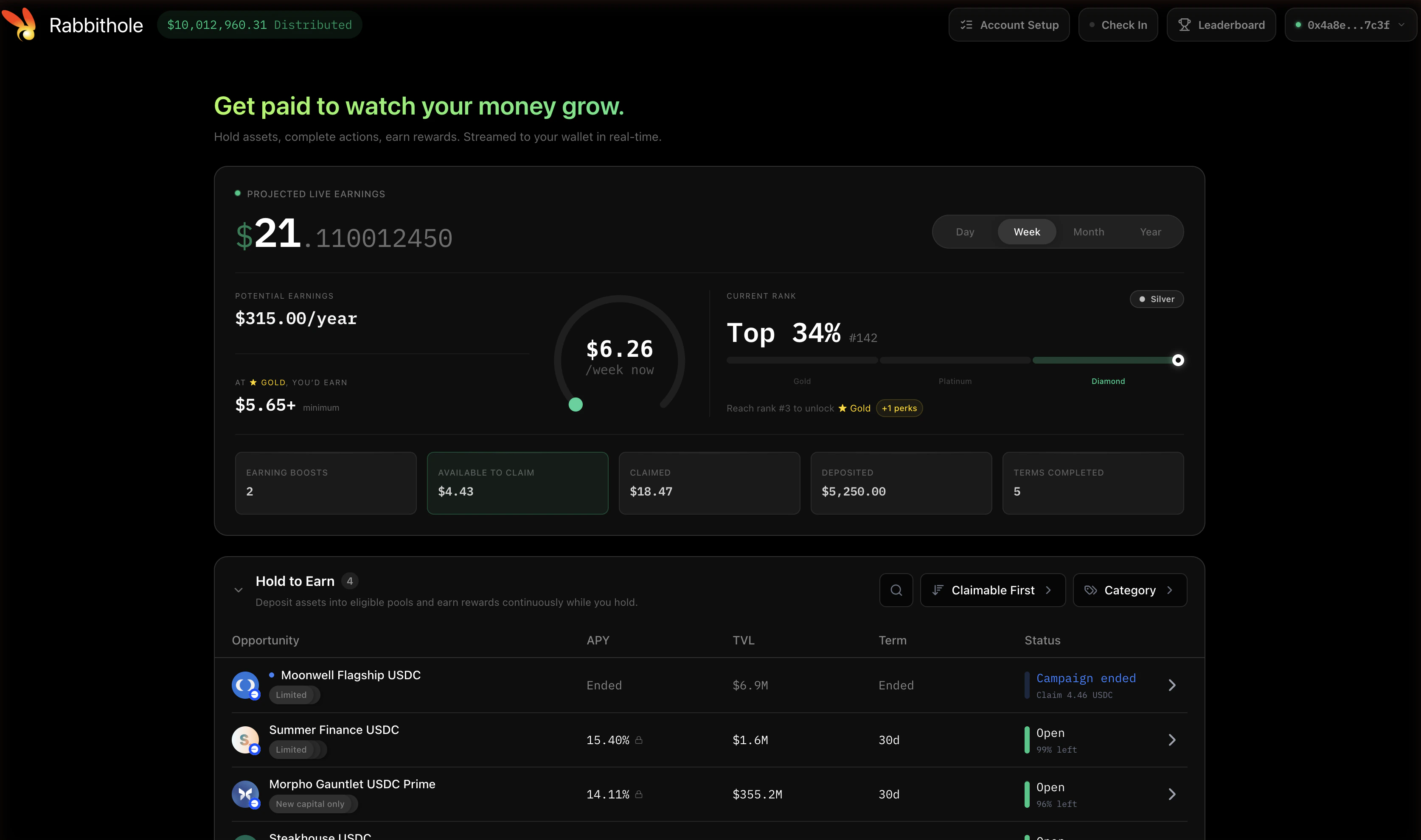 Rabbithole.gg home dashboard showing projected live earnings, potential annual earnings, current tier and rank, dashboard stats (earning boosts, available to claim, claimed, deposited, terms completed), and a list of active 'Hold to Earn' campaigns.