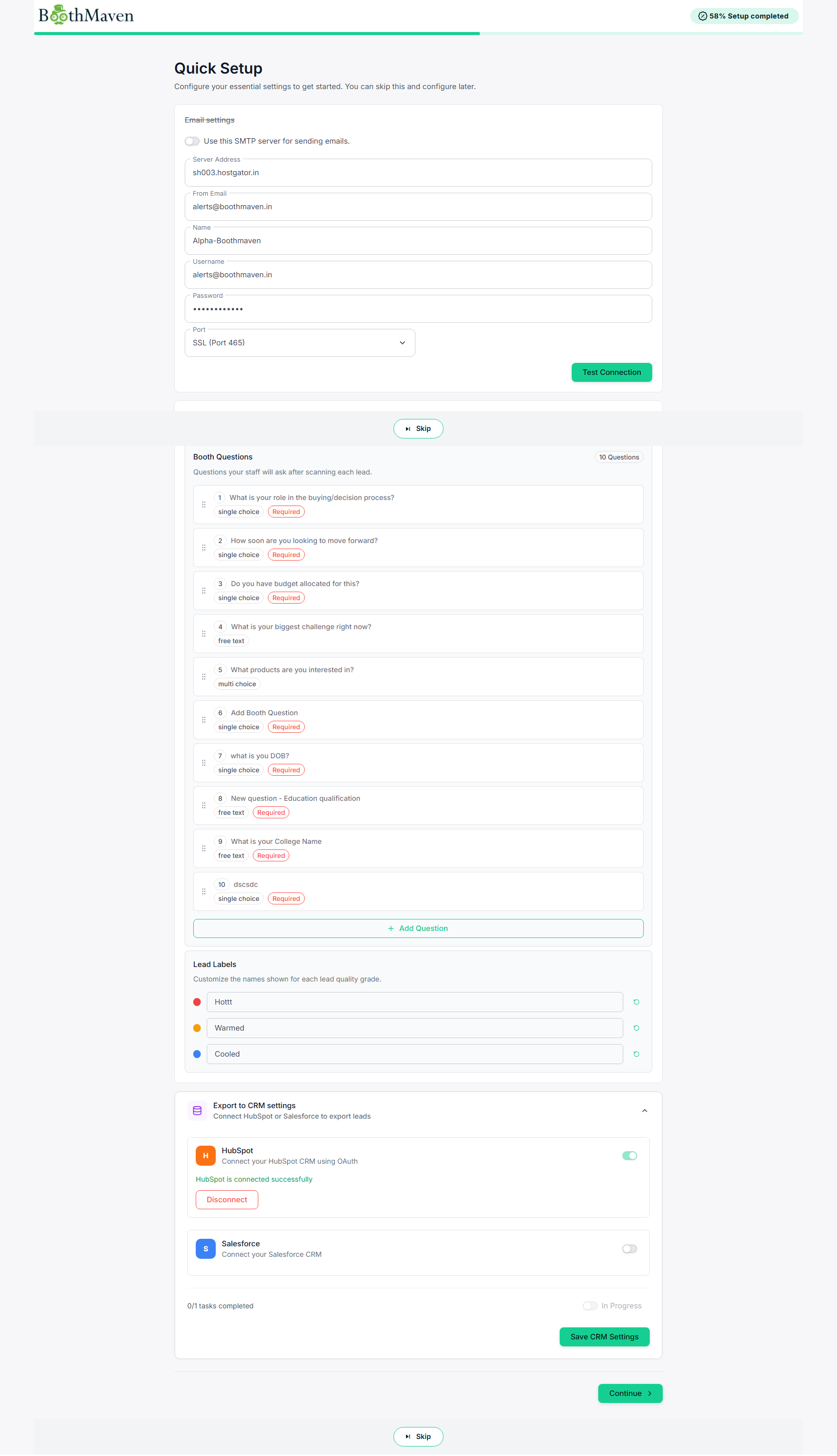 Quick Setup wizard — email settings, booth questions, and CRM integration in a single guided flow