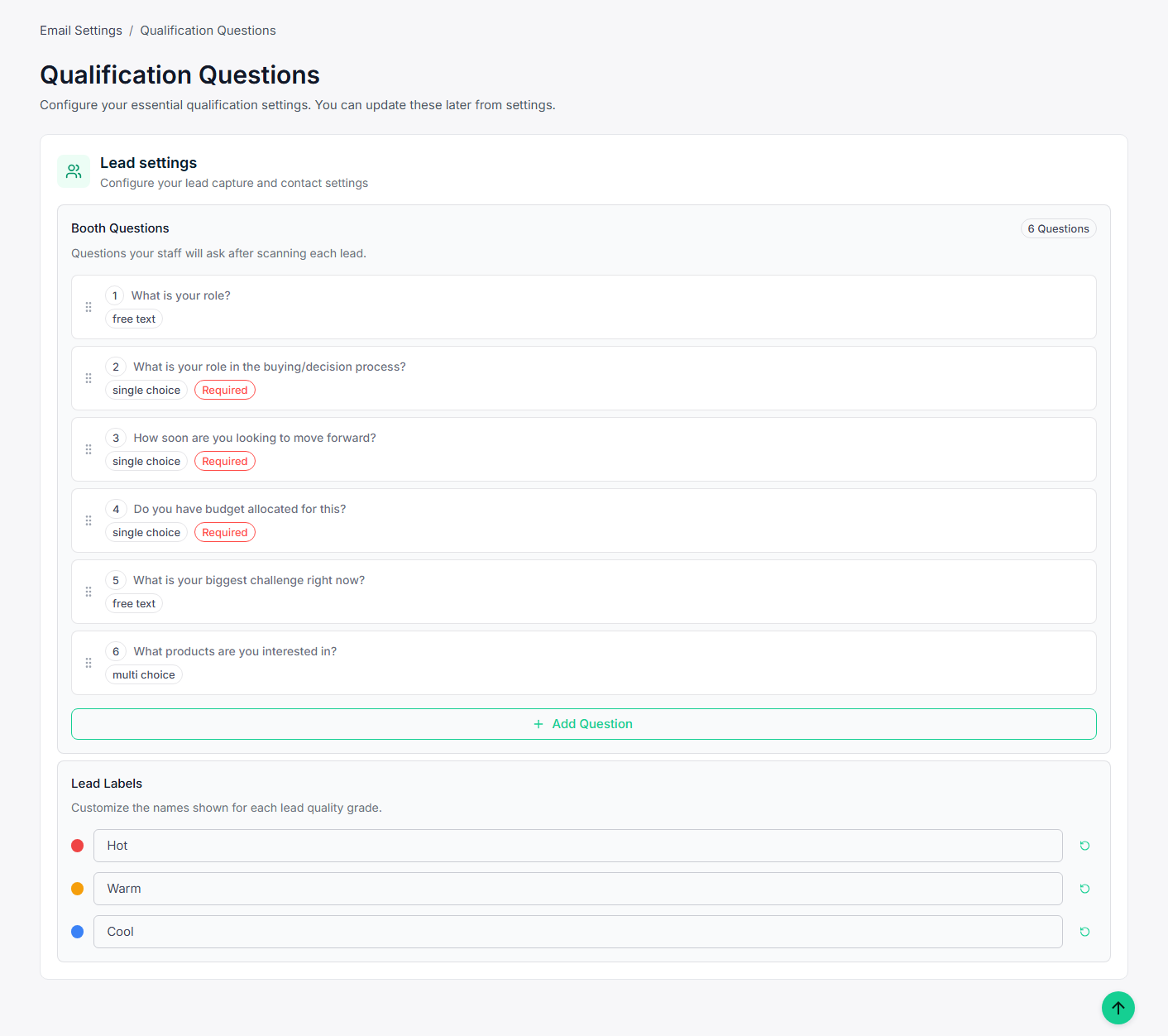 Qualification Questions settings — configure booth questions, answer types, and lead quality labels