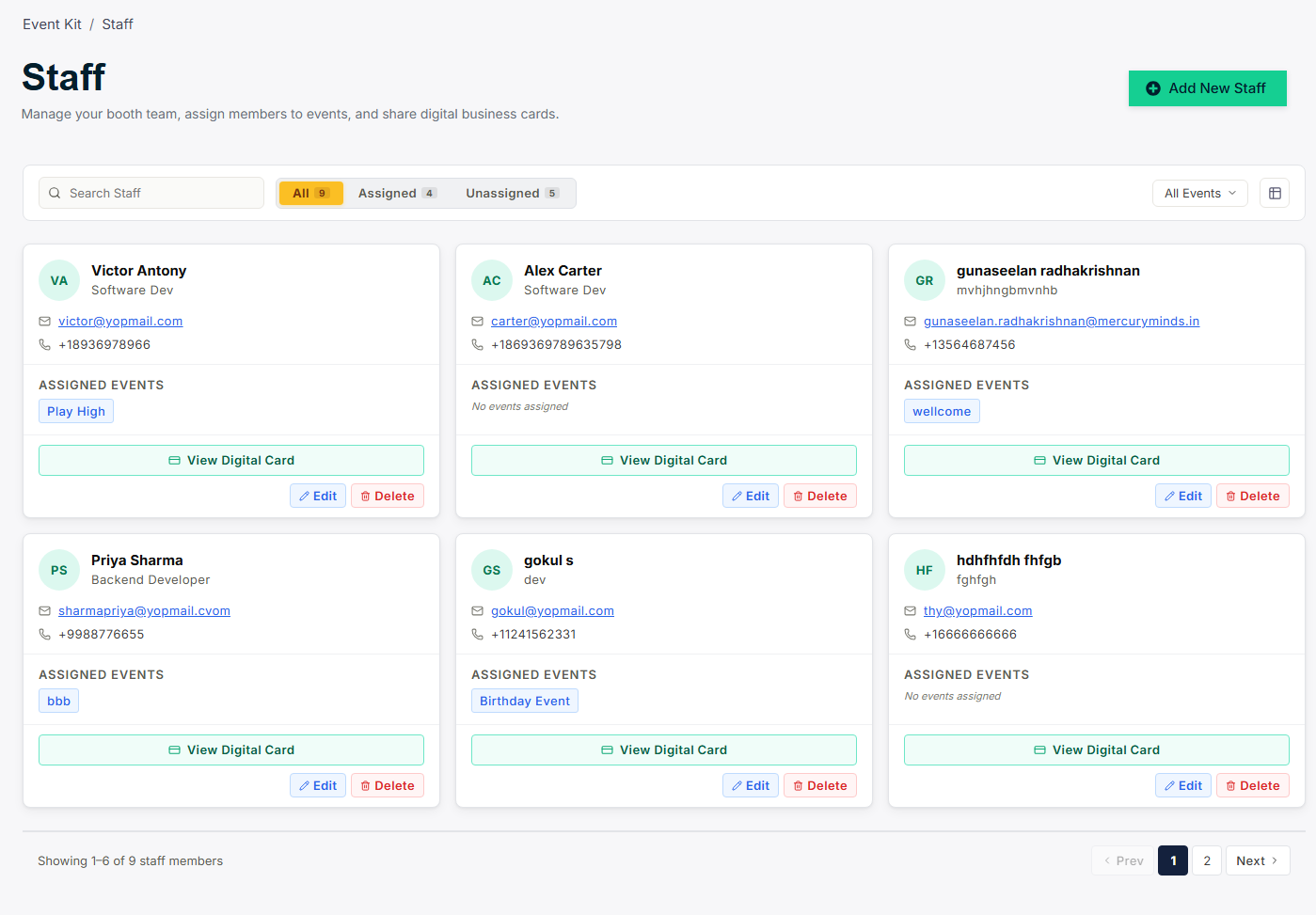 Staff directory — all team members with assigned events and digital card access