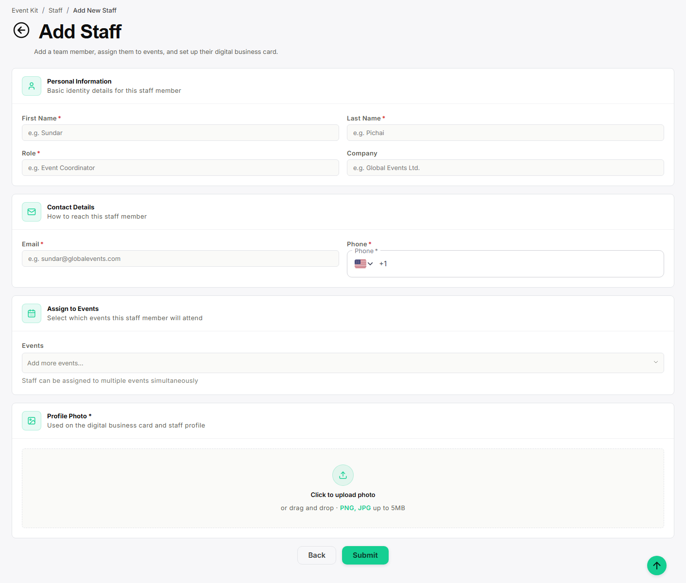 Add New Staff form — enter name, contact info, role, and event assignments