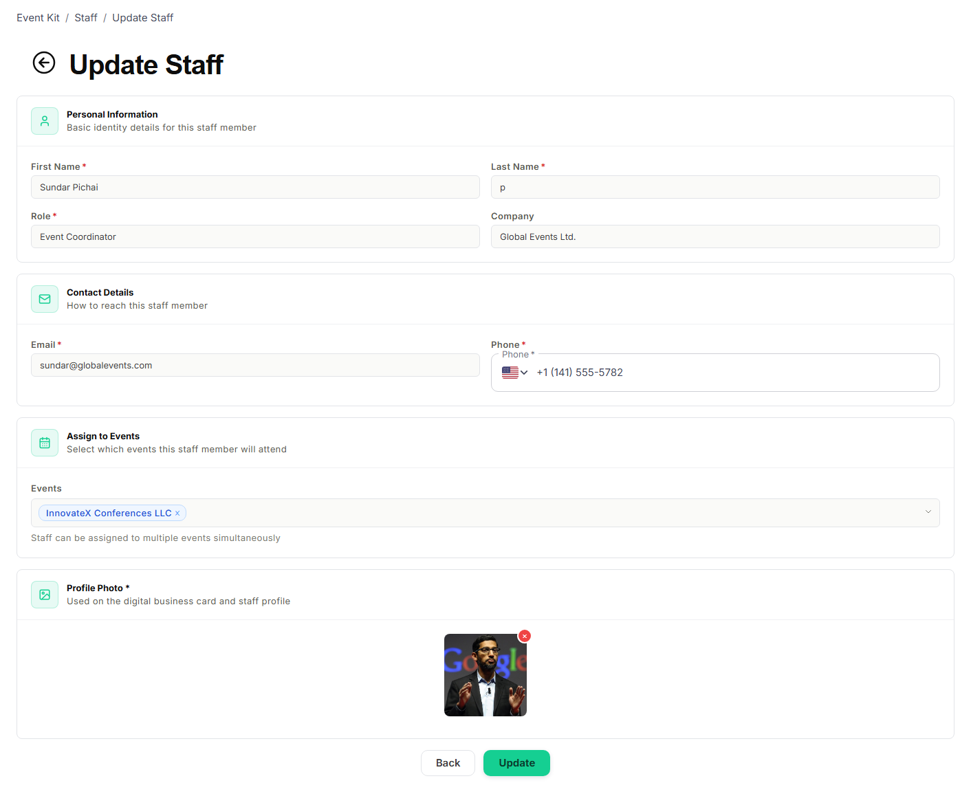 Update Staff form — modify any staff details or event assignments at any time