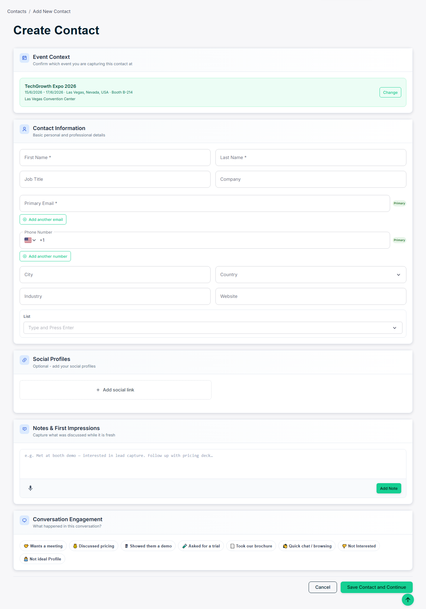 Add New Contact form — manually enter lead details from the web portal