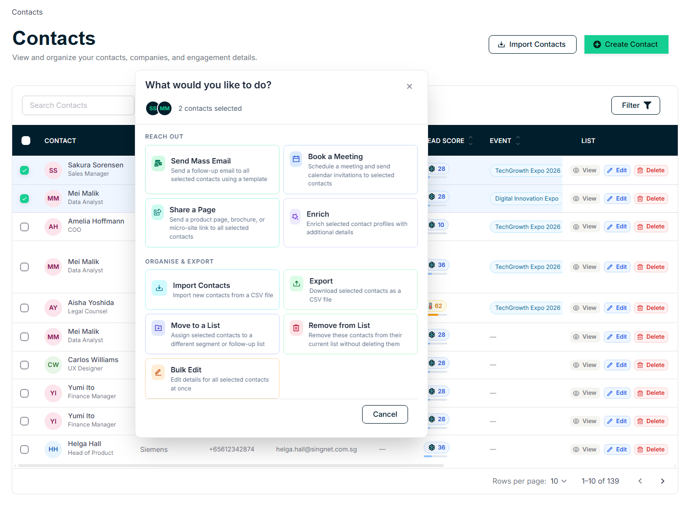 Bulk action modal — select contacts and choose from 8 available bulk operations