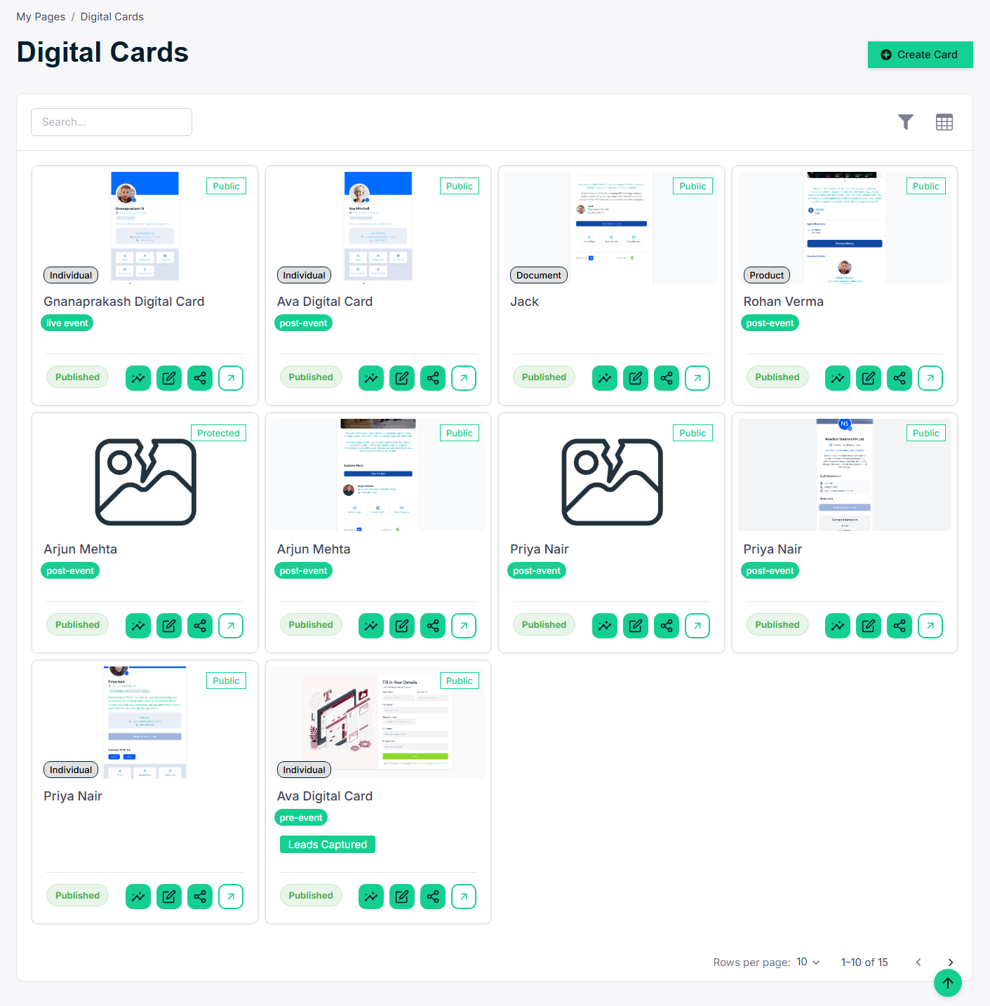 Digital Cards library — all cards with type, status, and lifecycle stage