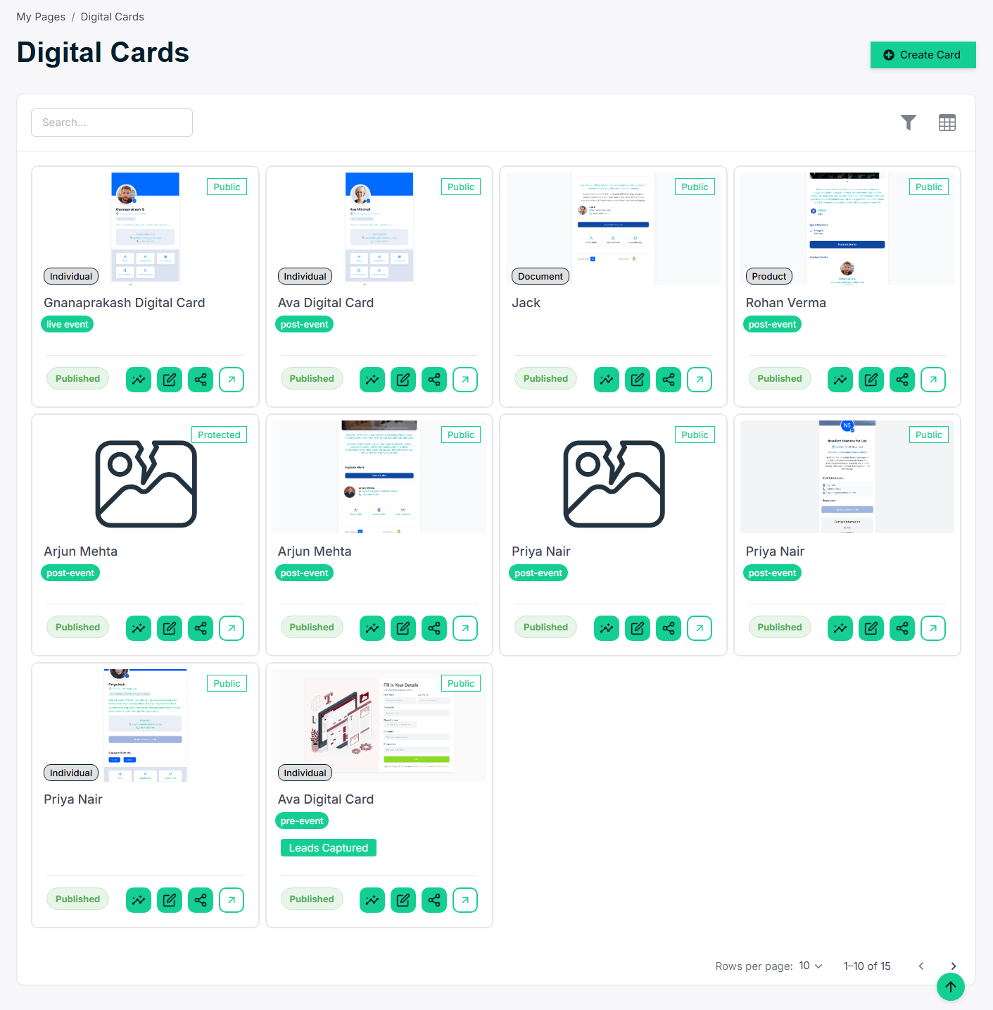 Digital Cards library — all cards with type, status, and lifecycle stage