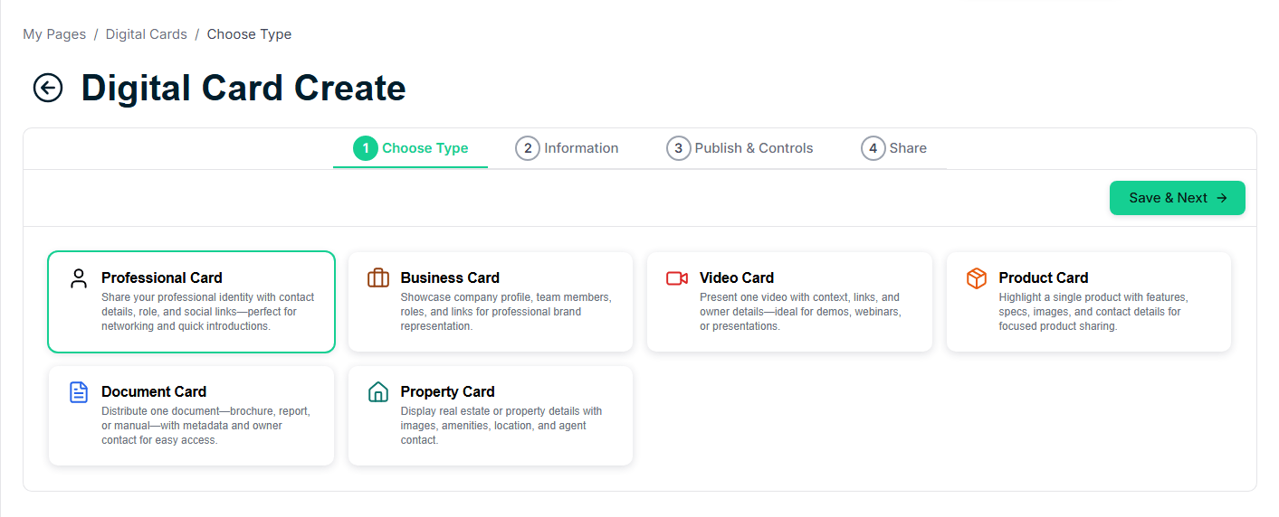 Choose card type — Individual, Business, Product, or Document