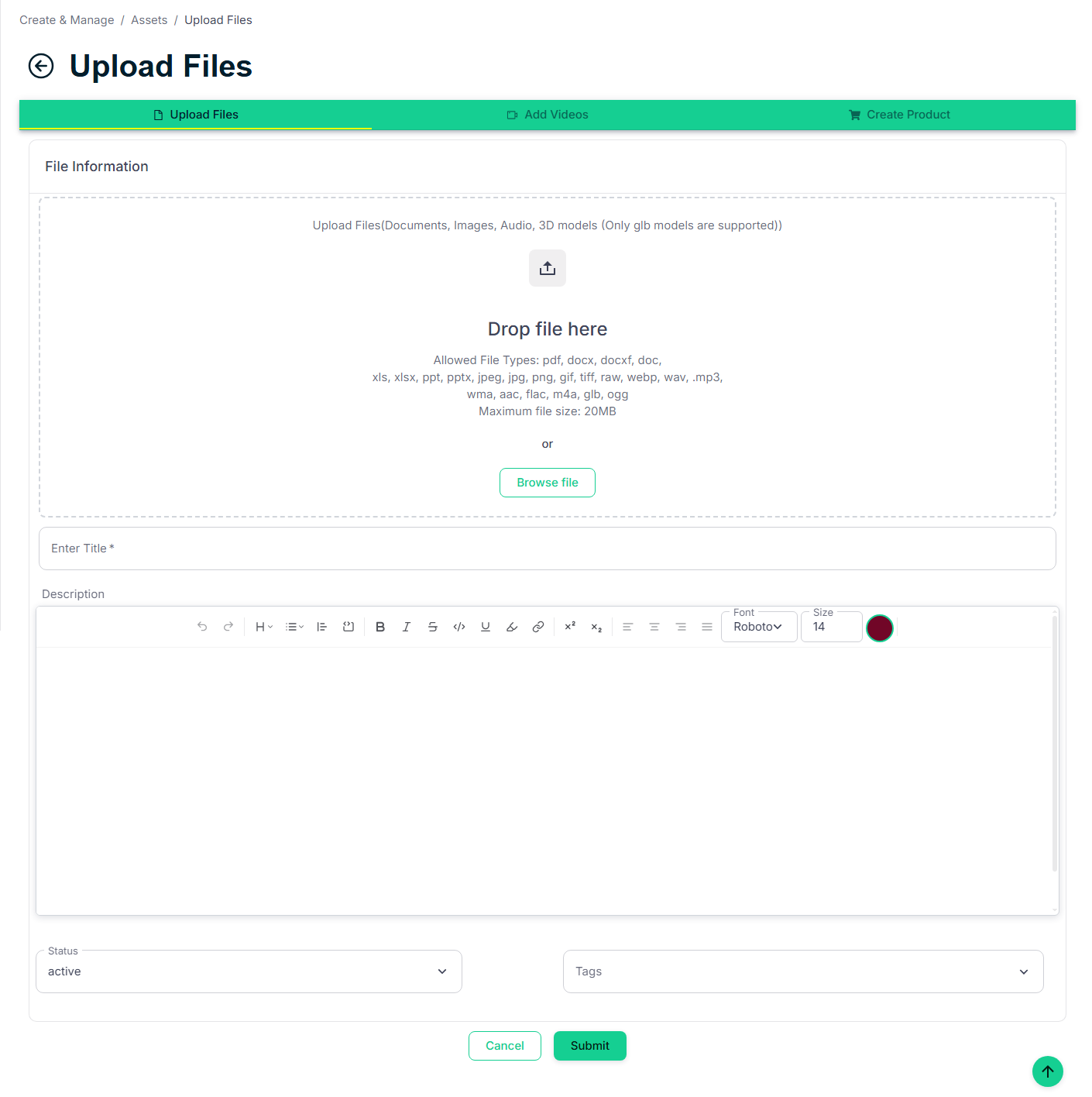 Add Asset form — attach files, links, or videos to your digital card