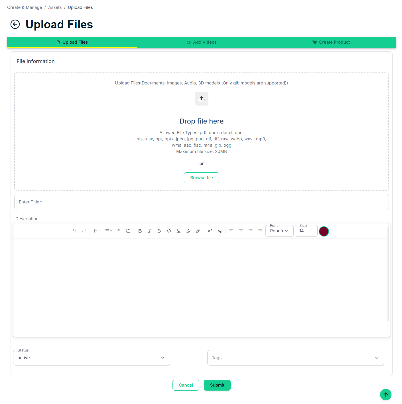 Add Asset form — attach files, links, or videos to your digital card