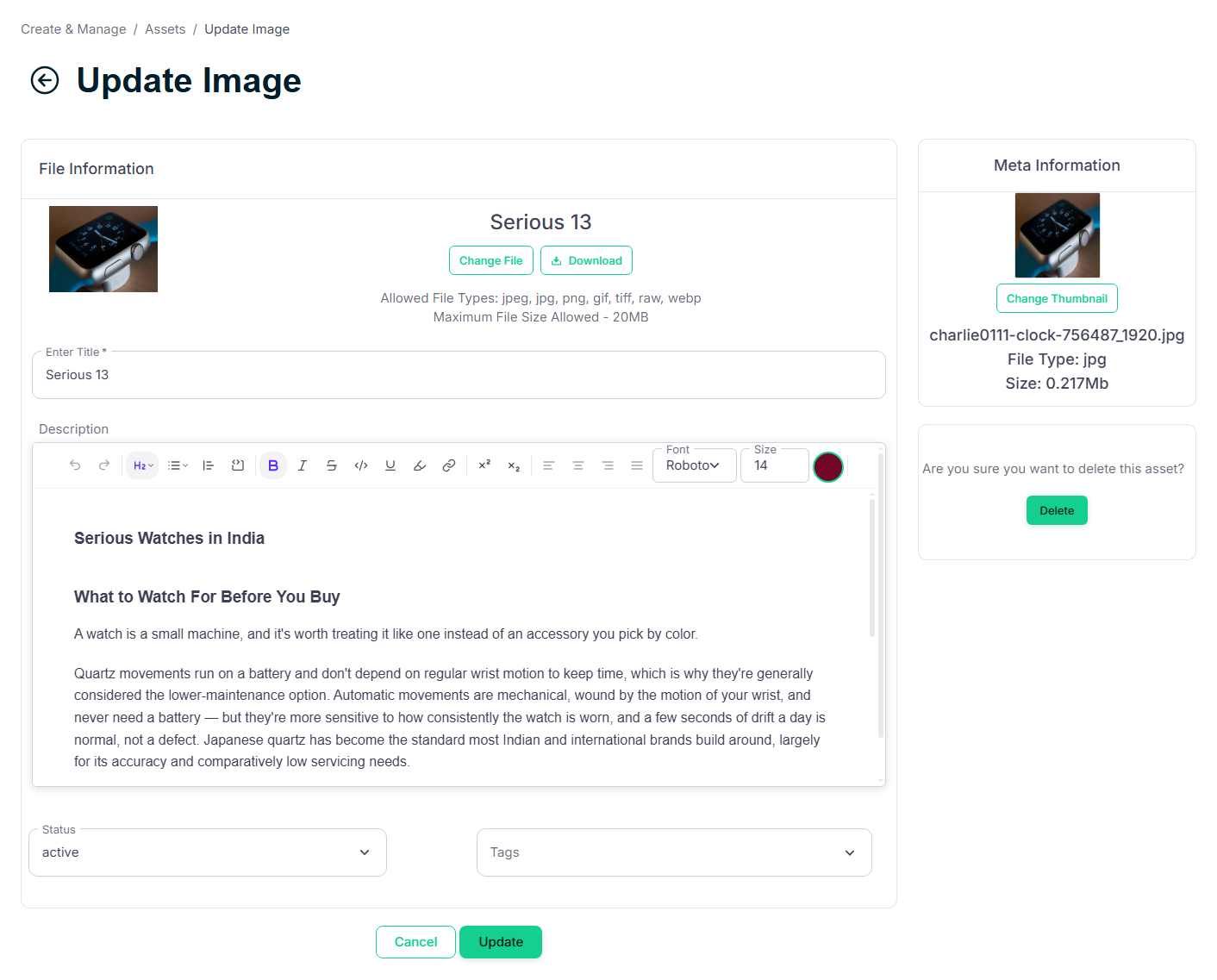Update Asset — edit or replace any attached asset at any time