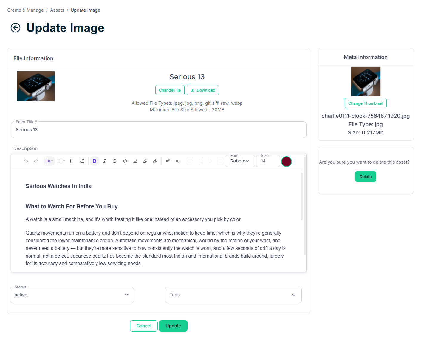 Update Asset — edit or replace any attached asset at any time