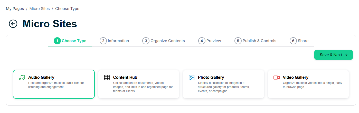 Create Microsite — builder with template selection and content block options