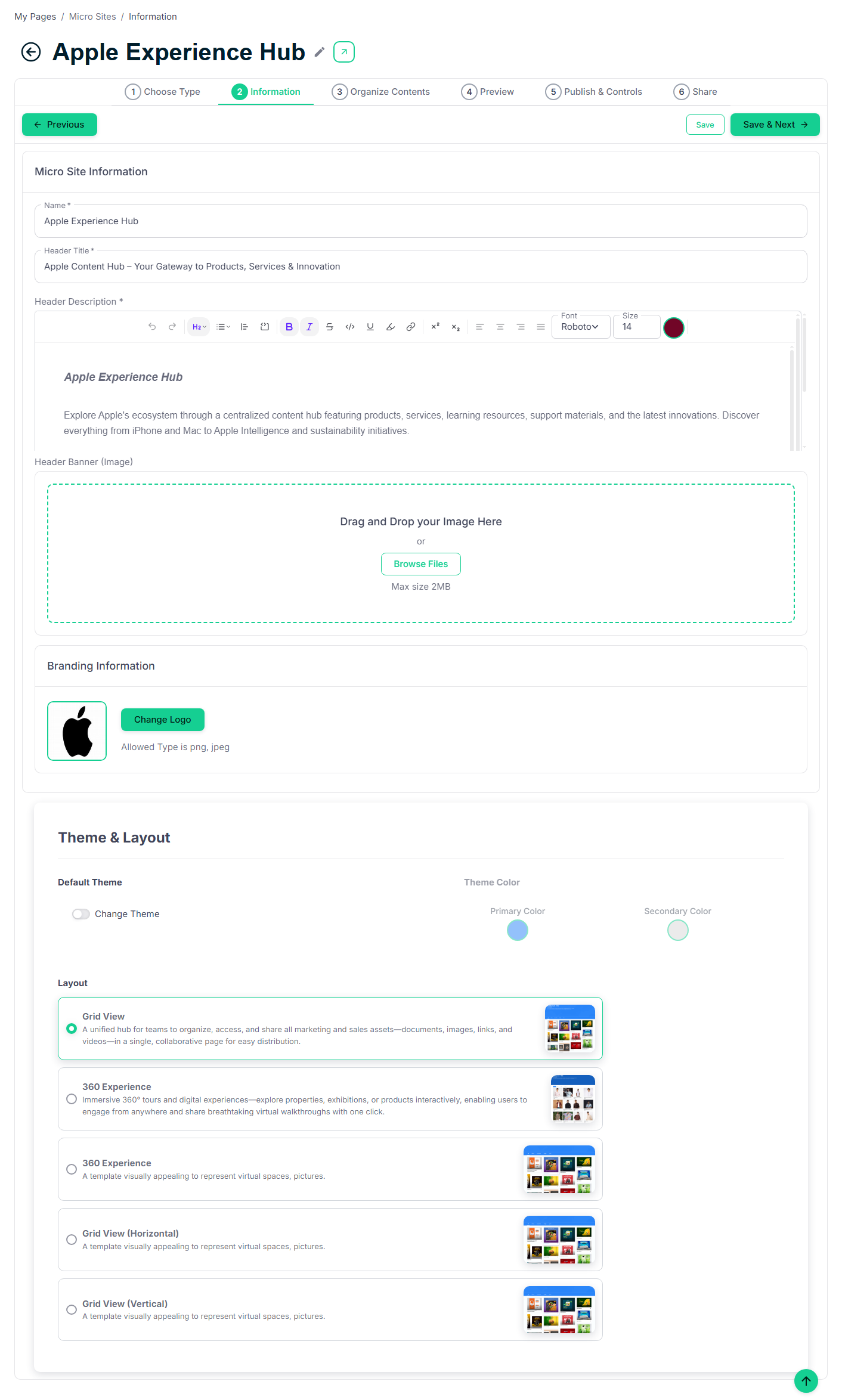 Edit Microsite — modify content and layout; toggle between Draft and Published