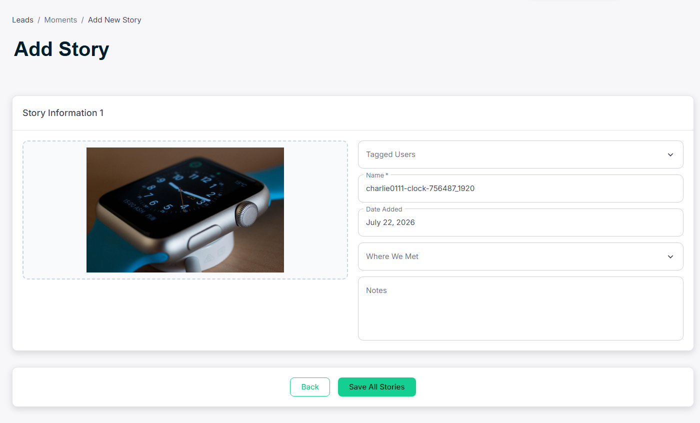 Create Story — add slides with images, video, or text overlays
