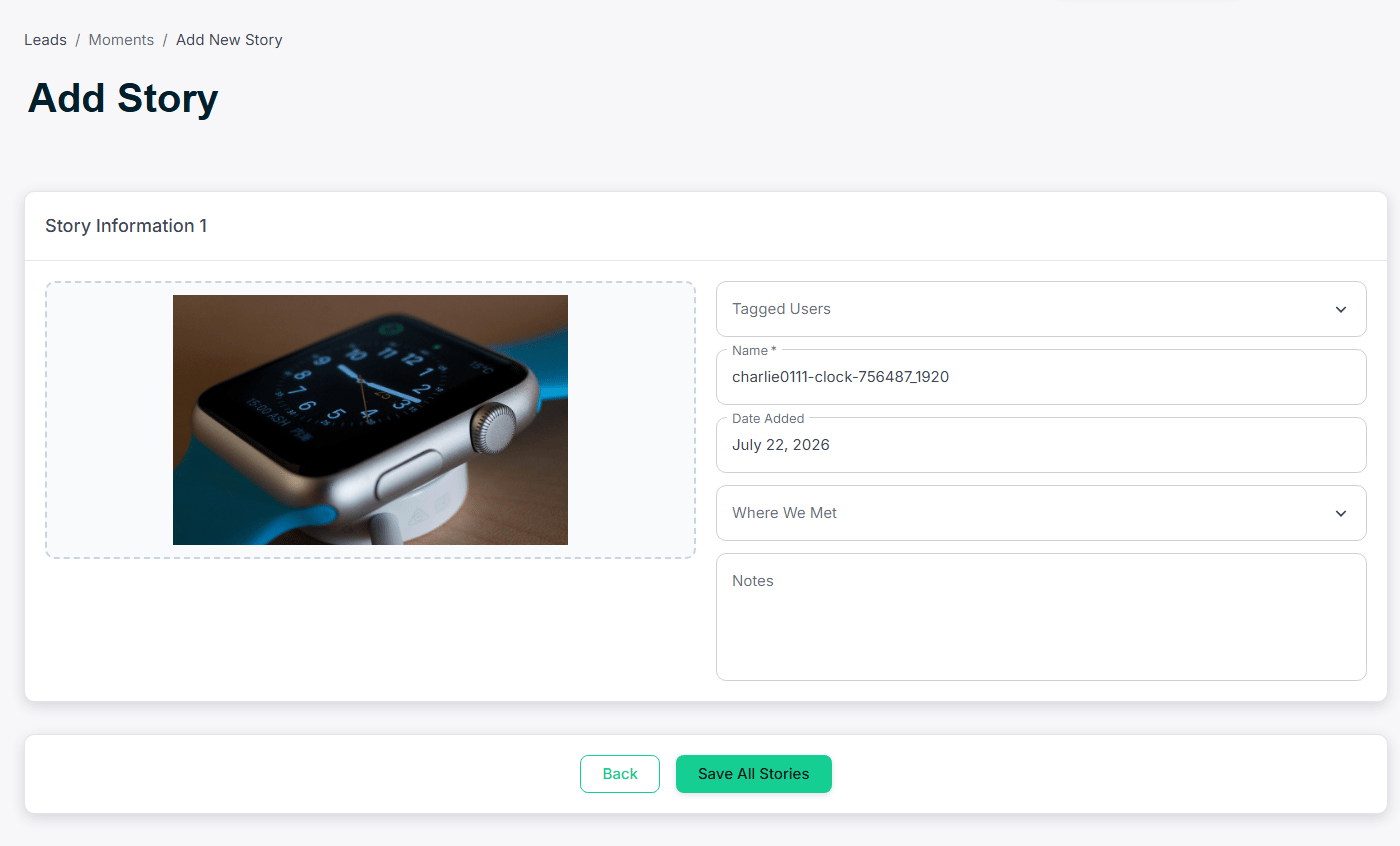 Create Story — add slides with images, video, or text overlays