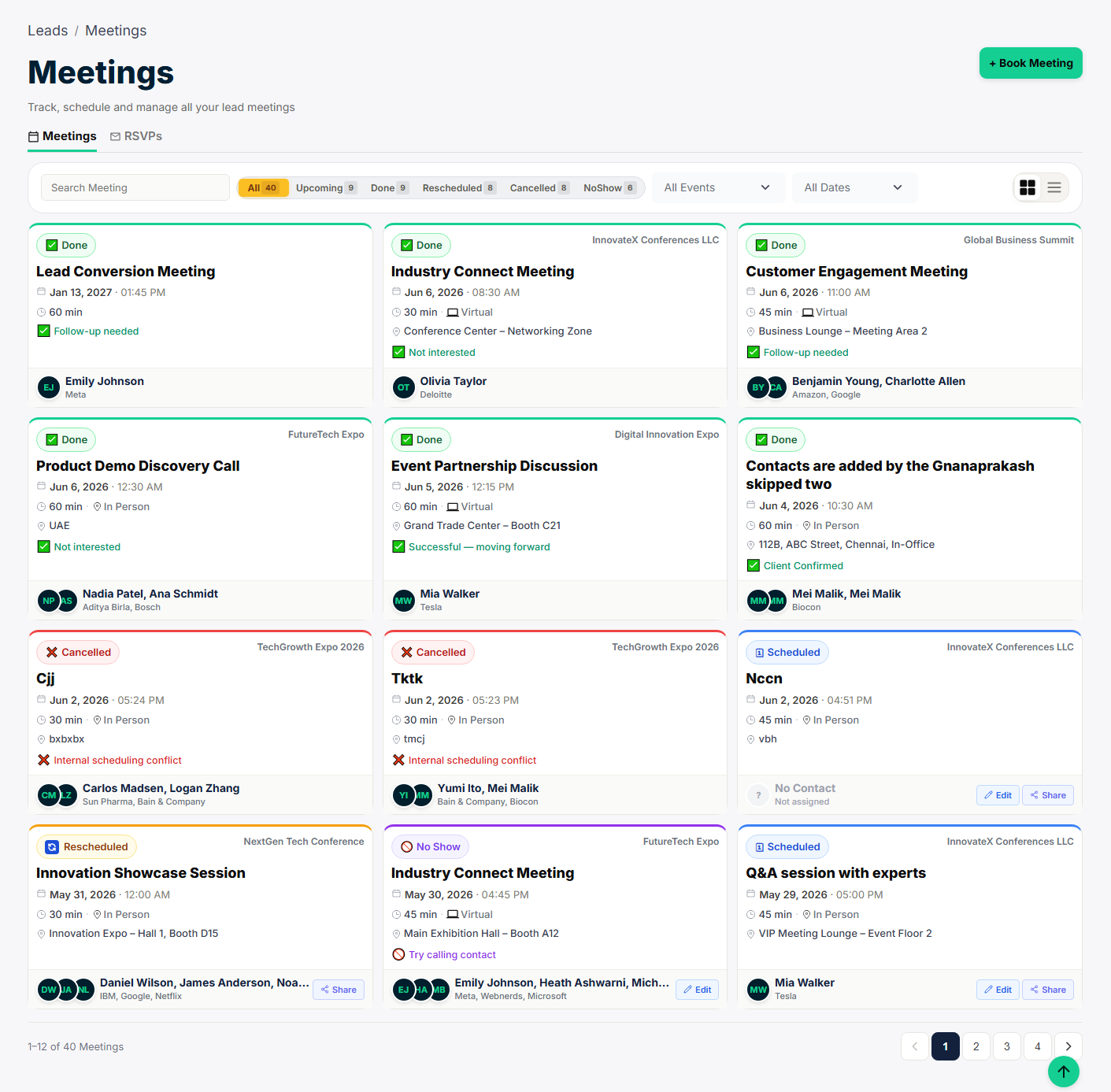 Meetings dashboard — all meetings with status, contact, and outcome details