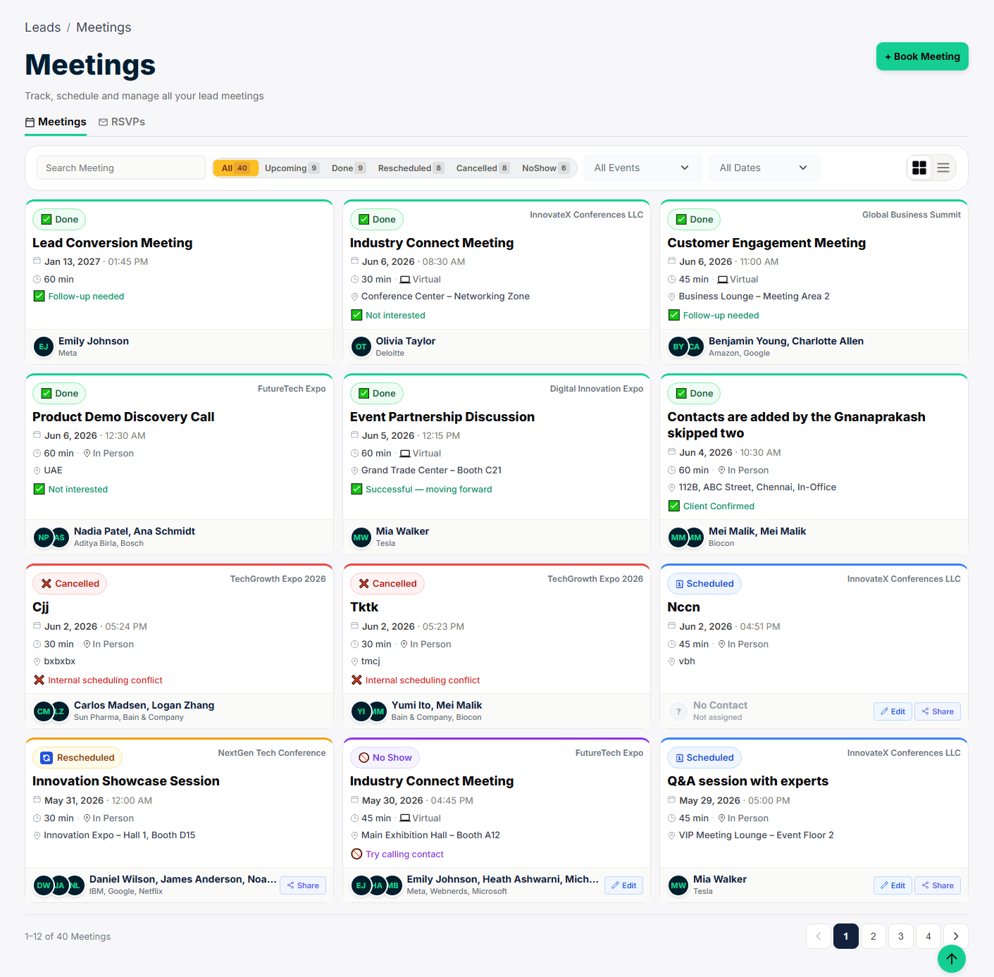 Meetings dashboard — all meetings with status, contact, and outcome details